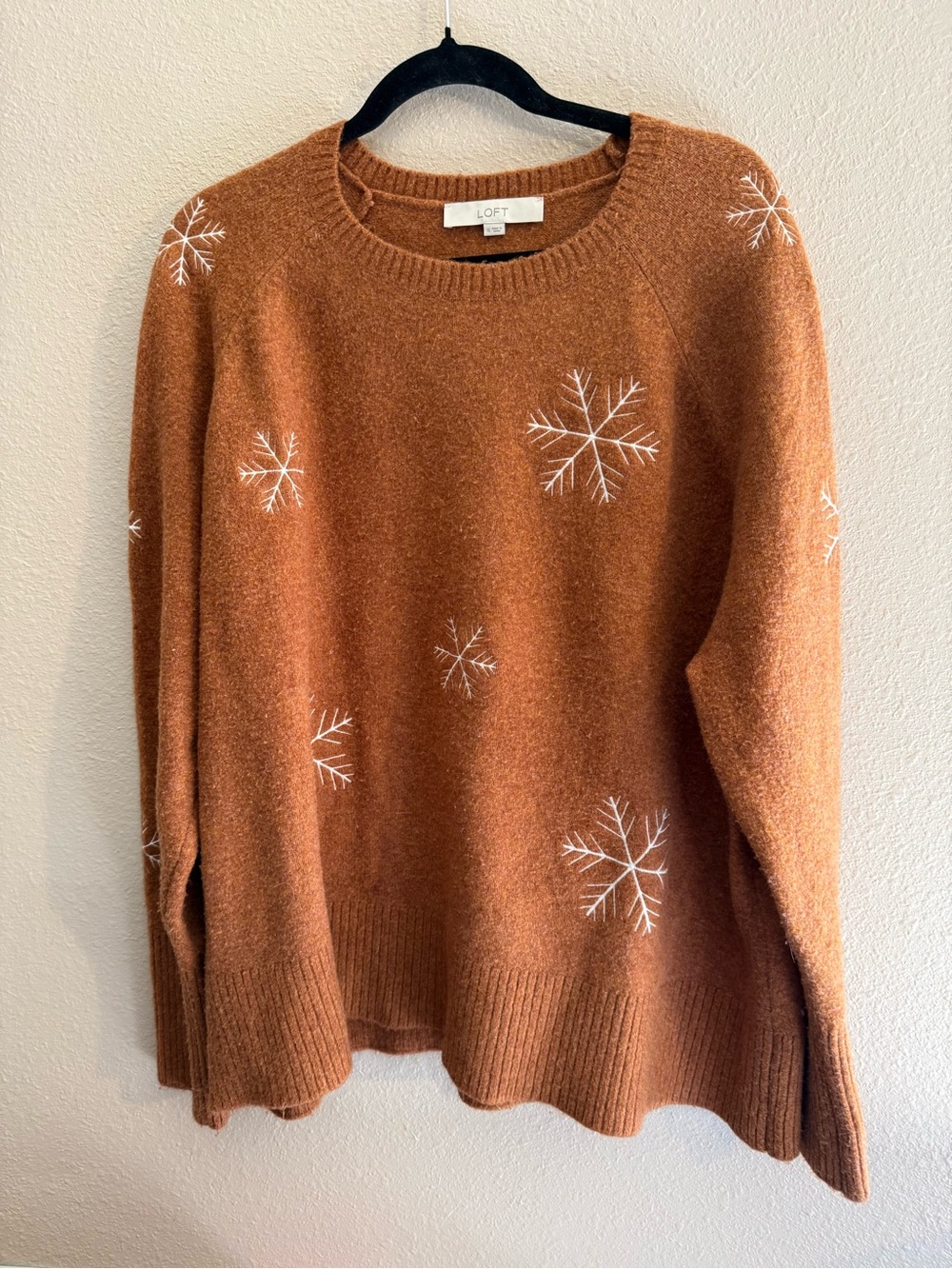 LOFT Rust Brown Crewneck Sweater with White Snowflake Motif size XL